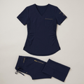 Consacrés Women's Signature Scrub Set - navy V-neck top and straight leg flare pants