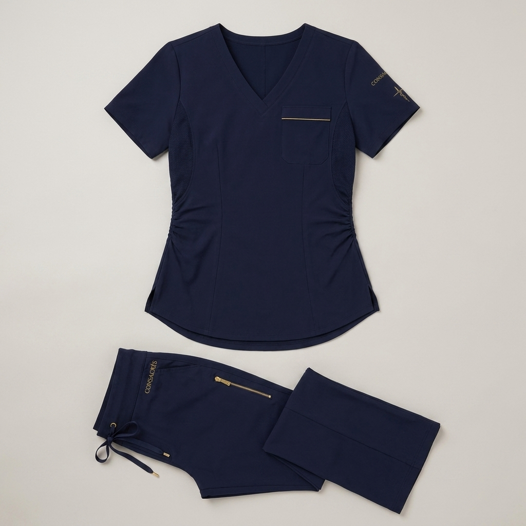 Consacrés Women's Signature Scrub Set - navy V-neck top and straight leg flare pants